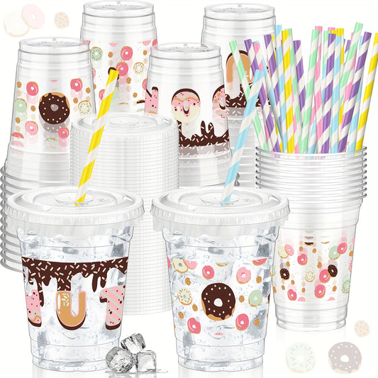 50 Vasos Plásticos con Tapa “Donut Party” (9 oz) 🍩🥤🎉