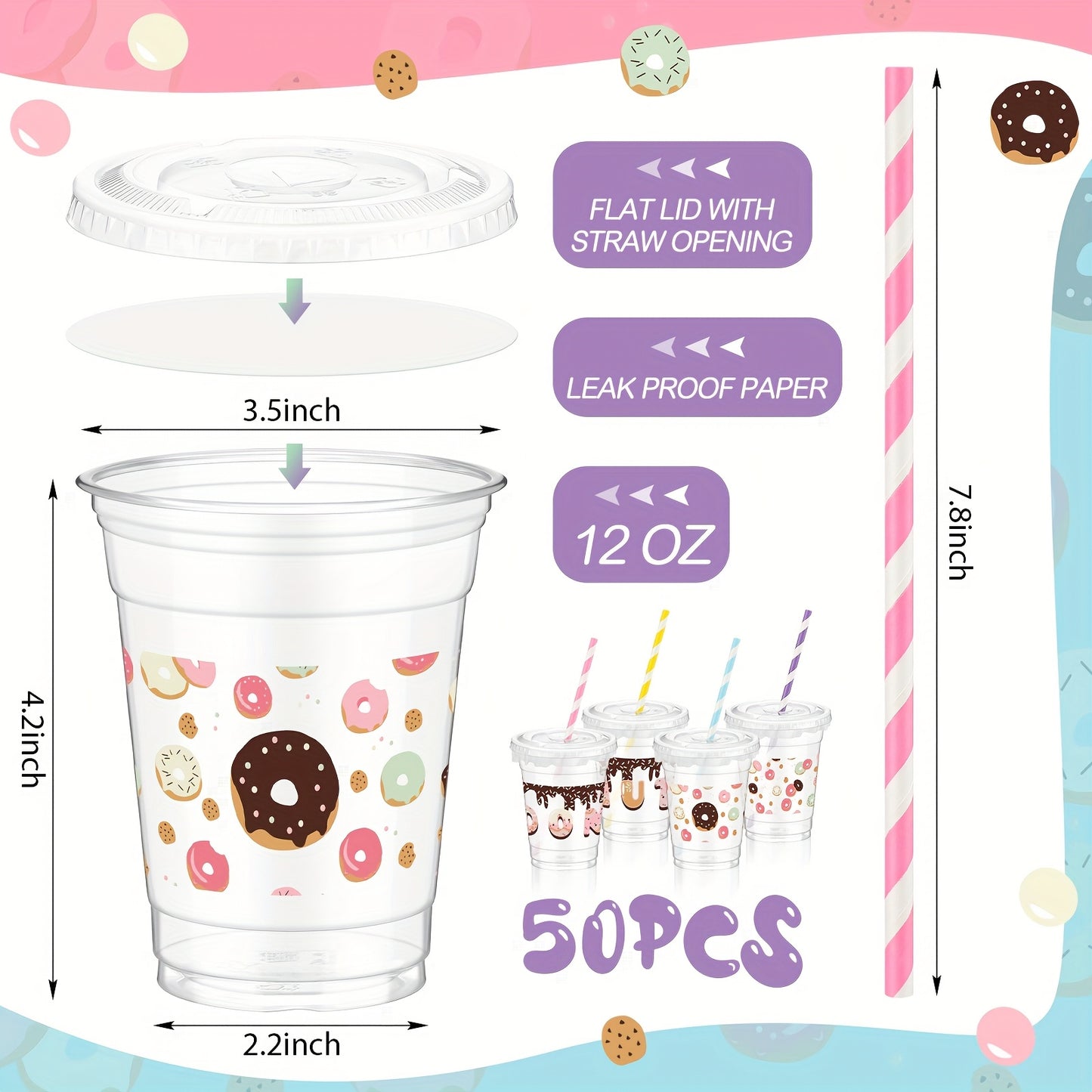 50 Vasos Plásticos con Tapa “Donut Party” (9 oz) 🍩🥤🎉