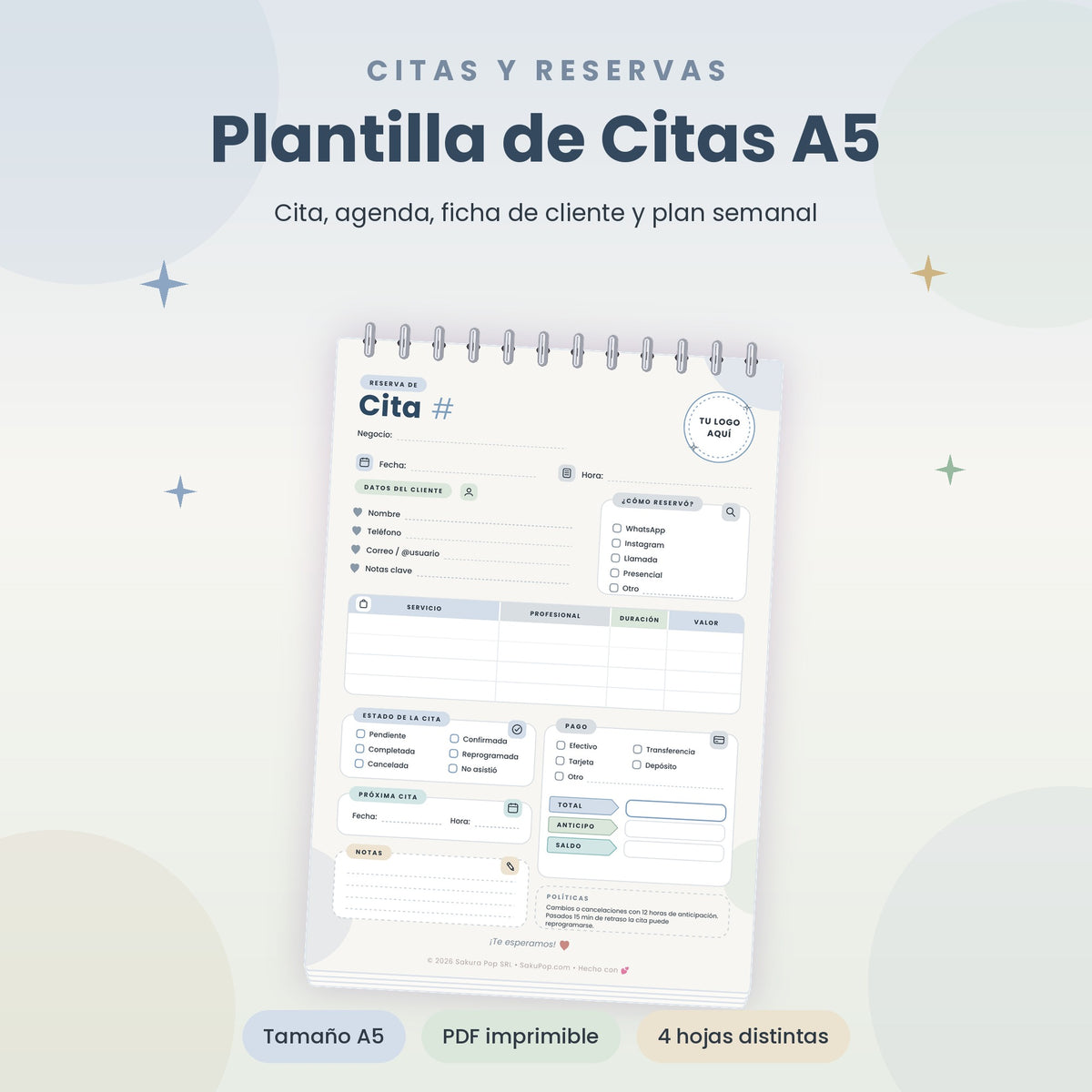 Gestor de Reservas y Citas A5 | Agenda y Registro de Clientes Imprimible