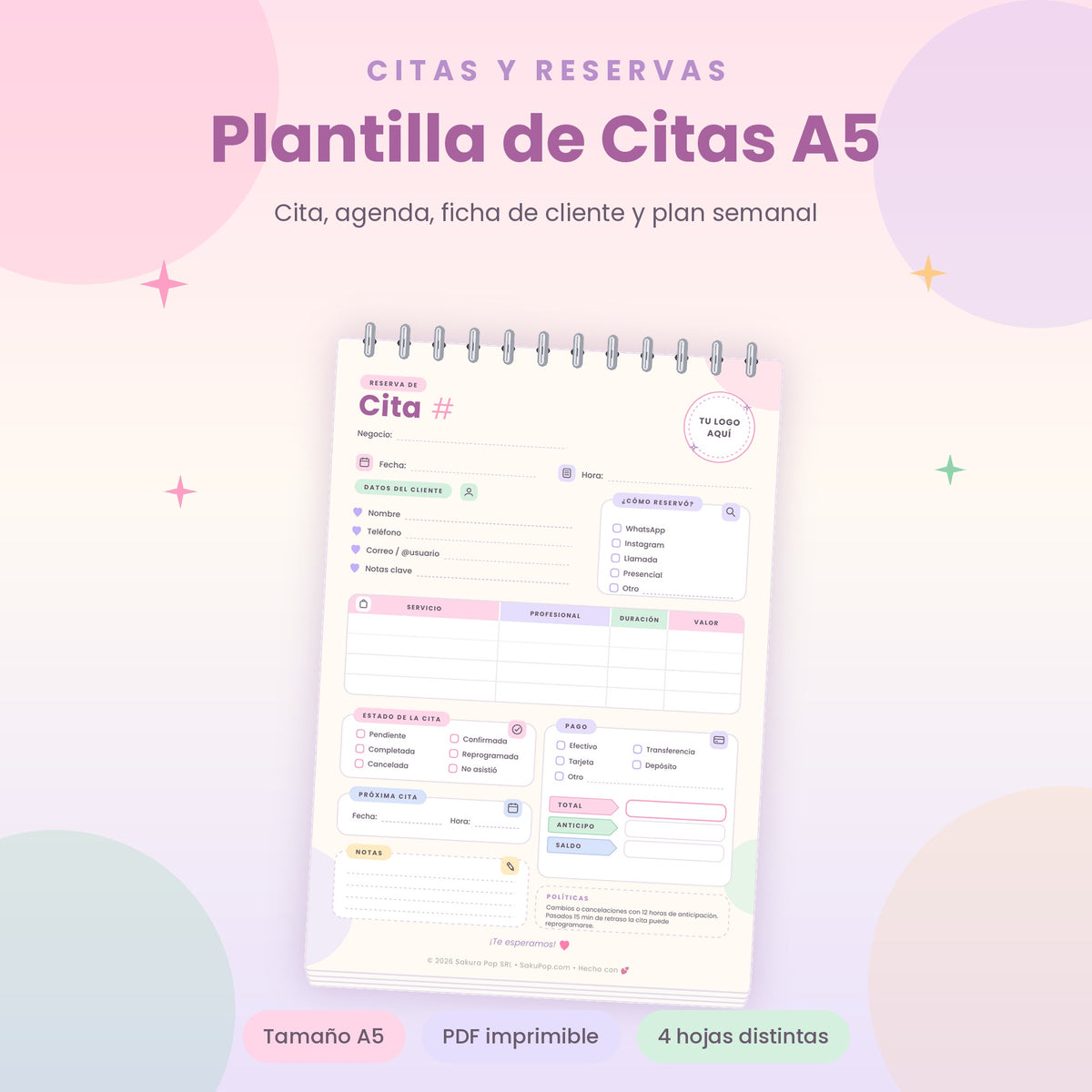 Gestor de Reservas y Citas A5 | Agenda y Registro de Clientes Imprimible