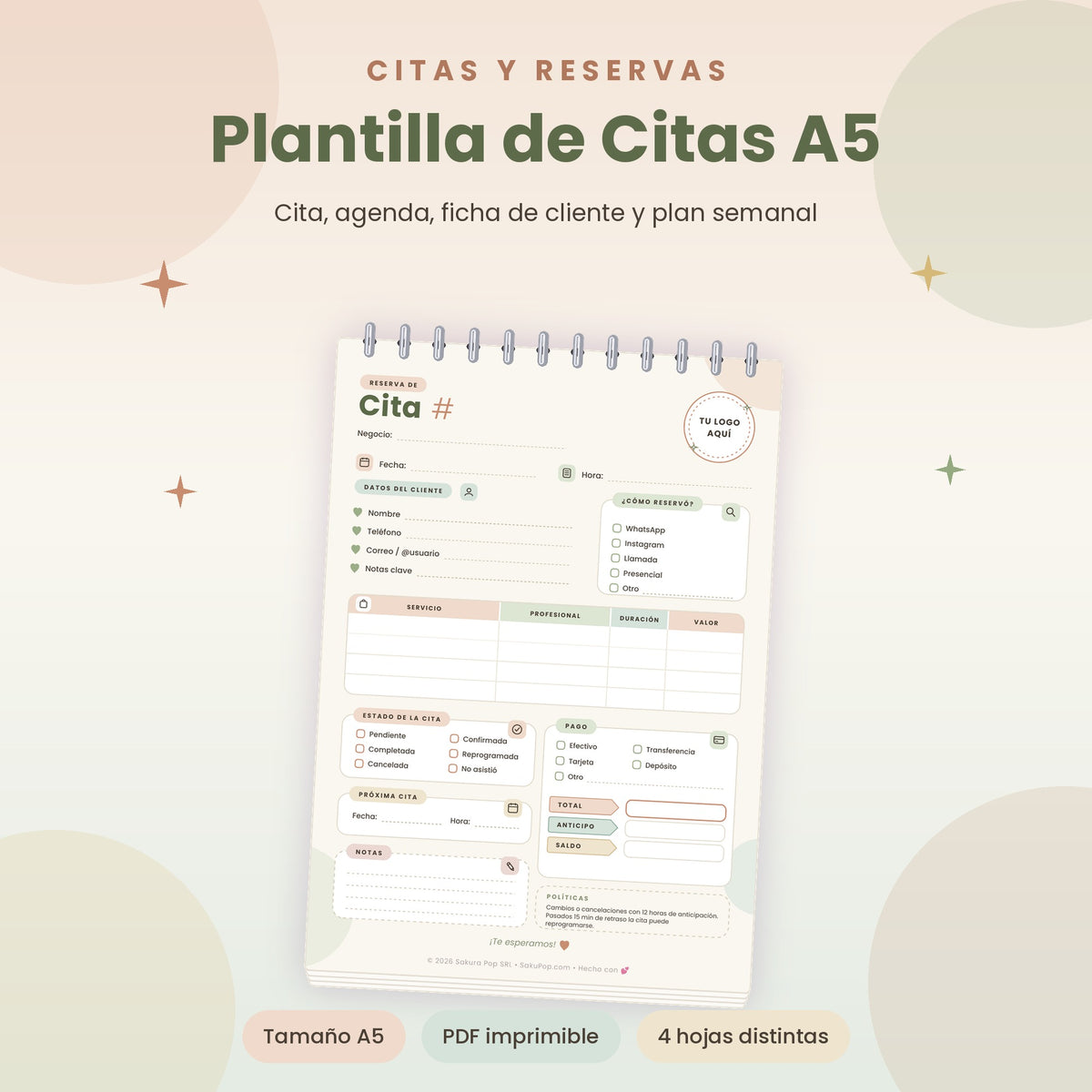 Gestor de Reservas y Citas A5 | Agenda y Registro de Clientes Imprimible