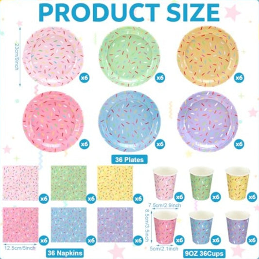 🍩 Kit Vajilla Desechable "Confetti Pop" (108 piezas)