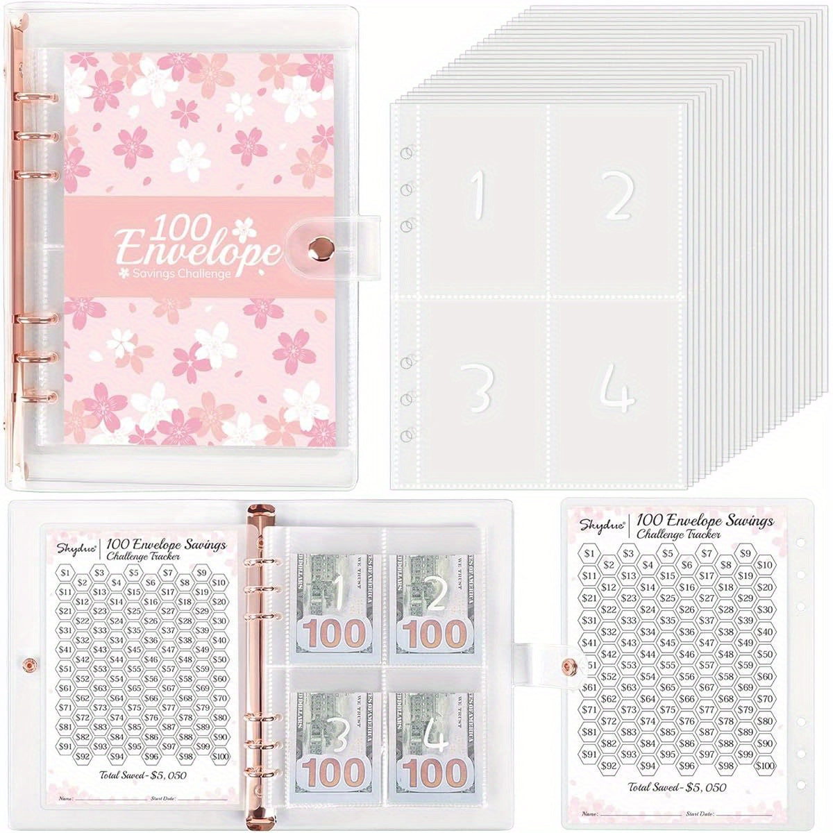 Cherry Blossom Challenge – Diario de Ahorro de 100 Días - Rose Golden 💵🌸
