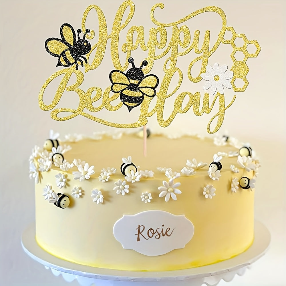 Topper “Happy BeeDay” – 1 Pieza Grande con Glitter Dorado 🎂🐝