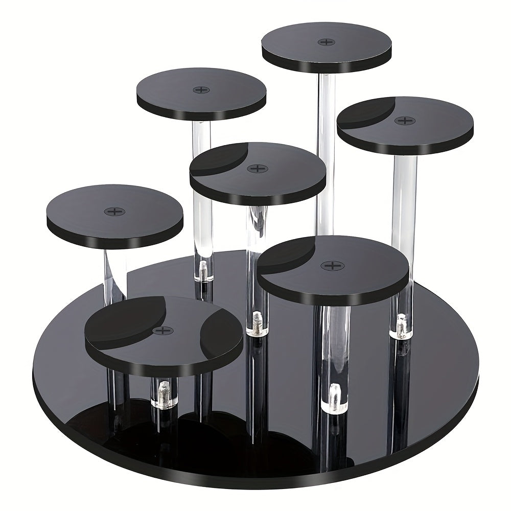 Display rack circular de 7 niveles en acrílico transparente para figuras, joyería y coleccionables, disponible en SakuPop RD.