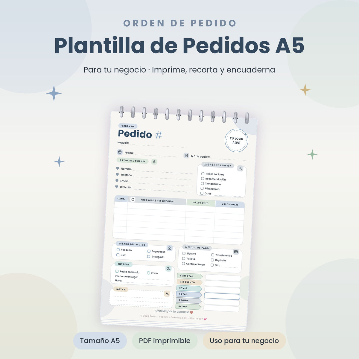 Plantilla de Pedidos A5 | Formulario de Órdenes para Negocios PDF