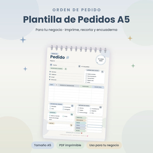 Plantilla de Pedidos A5 | Formulario de Órdenes para Negocios PDF