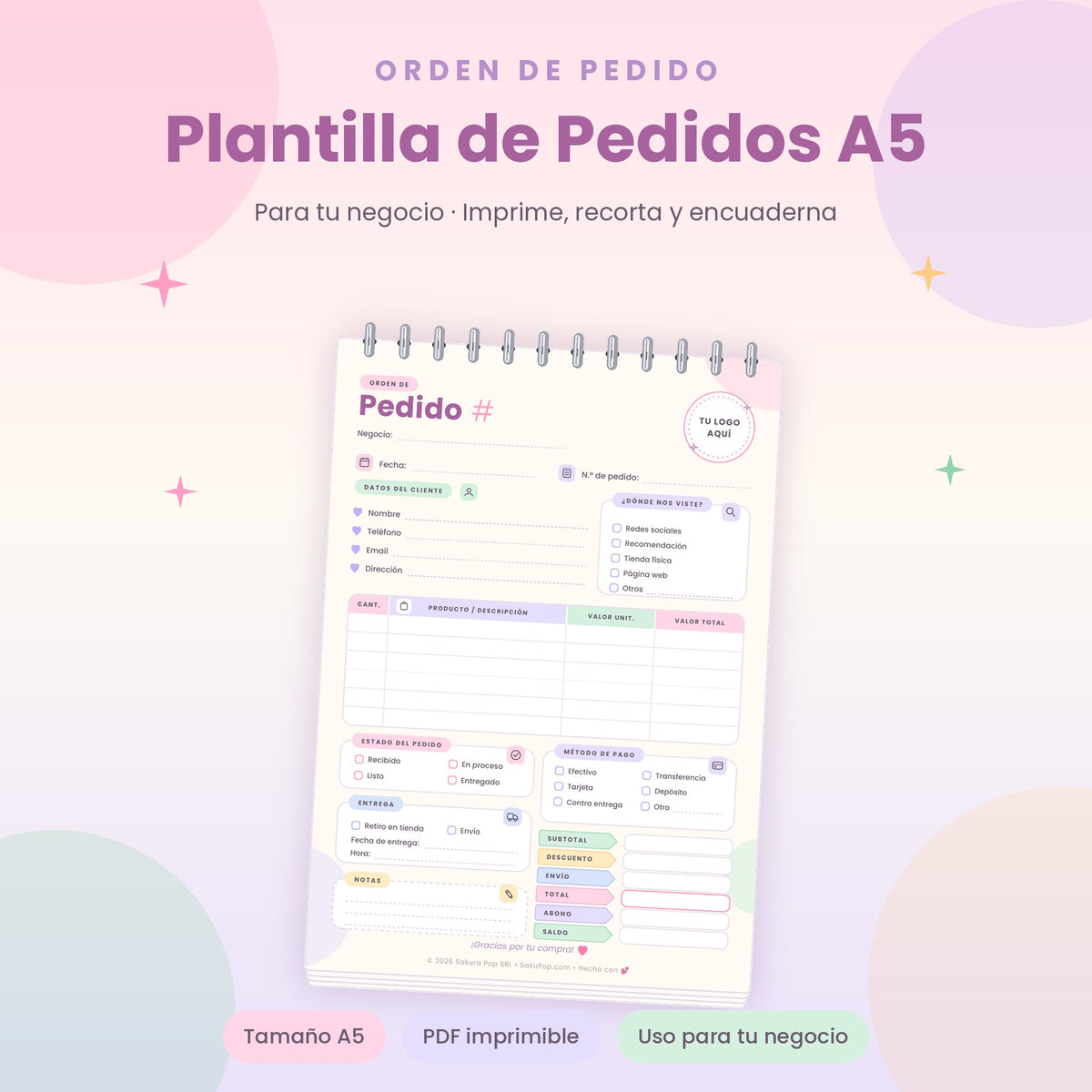 Plantilla de Pedidos A5 | Formulario de Órdenes para Negocios PDF