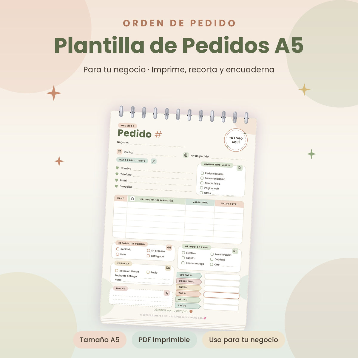 Plantilla de Pedidos A5 | Formulario de Órdenes para Negocios PDF