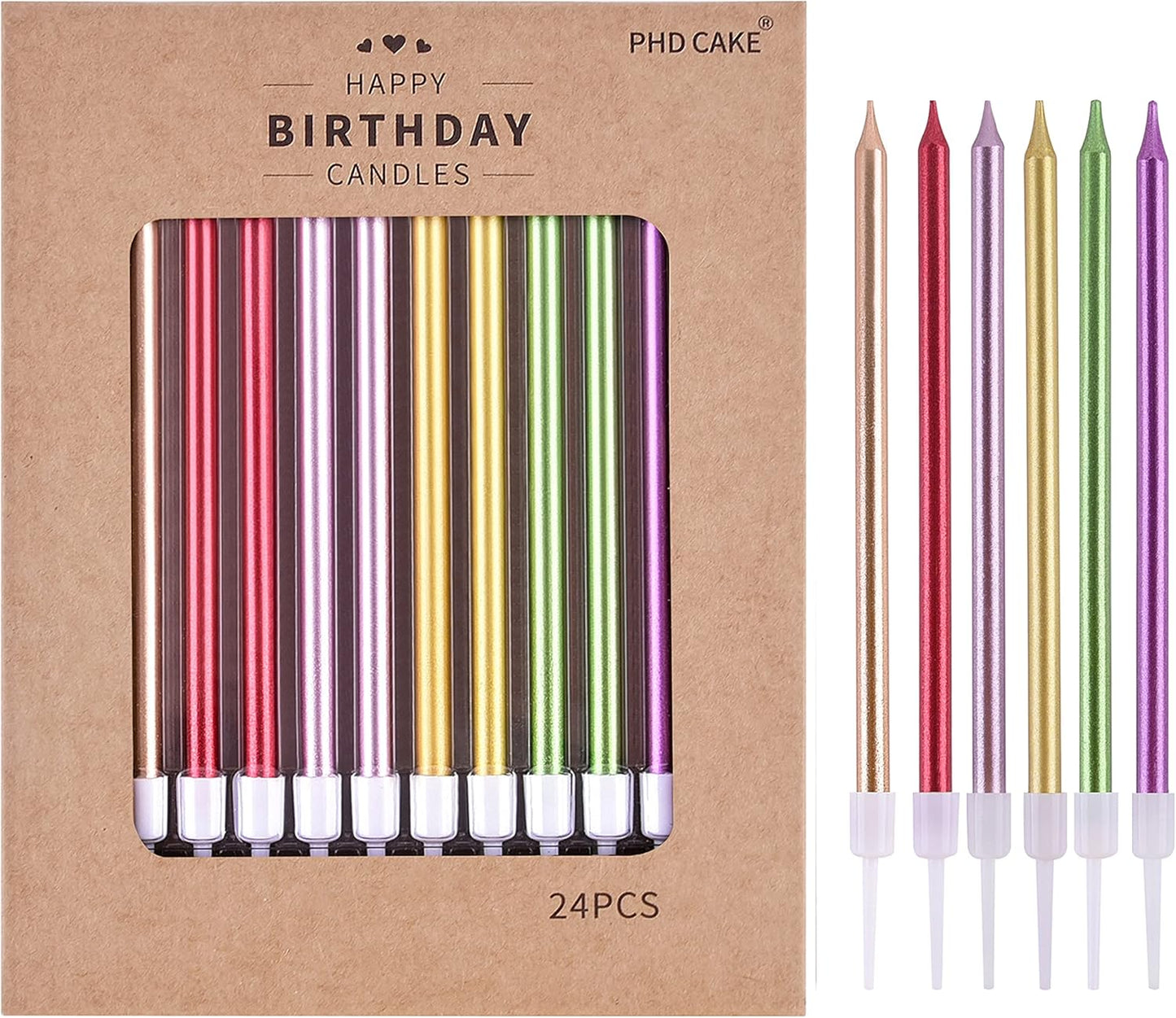 🎂 Velas Largas de colores PHD CAKE (24 piezas) 🩵💚💛🩷💜❤️🧡🖤